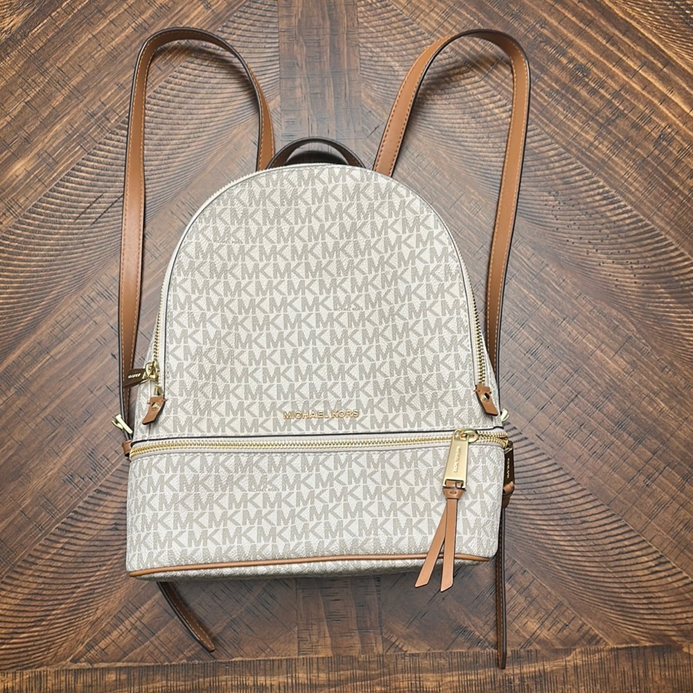 Michael Kors Cream and Tan Monogram Backpack